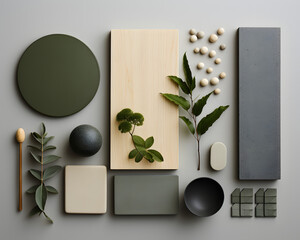 Stylish dark mood board inspiration design in a green and gray color palette - obrazy, fototapety, plakaty