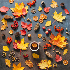 Autumn mood flat lay with cup of tea, fallen leaves, red berries, apples, cones on dark table background. Happy holidays, thanksgiving day, cozy home weekend. Hygge flat lay, top view, overhead.