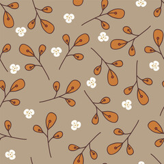 Beige seamless pattern with leaves, flowers, and floral elements. Autumn pattern design. Good for printing. Vector textile and wallpaper.