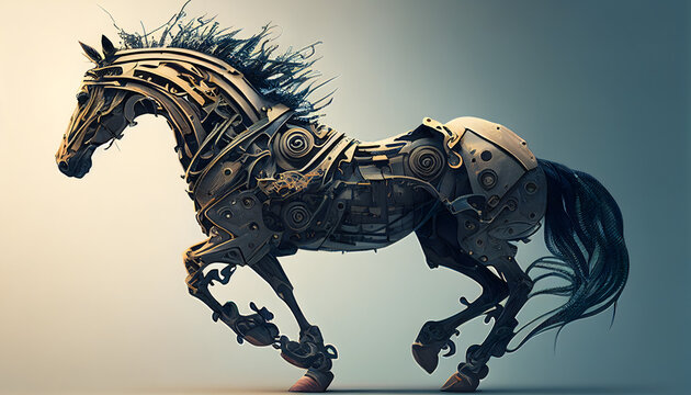 Creative illustration mechanical horse. Generative Ai.