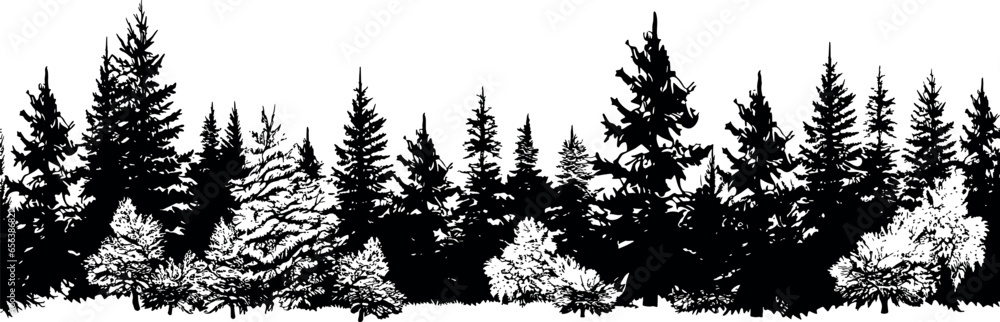 Poster set of horizontal silhouettes of coniferous spruce trees, creating a serene depiction of fir trees a