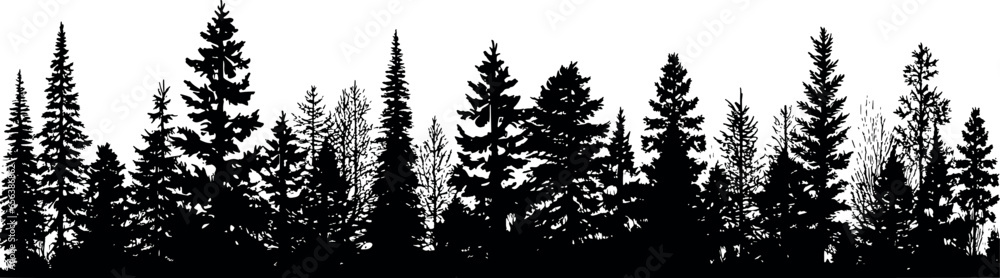 Poster set of horizontal coniferous spruce silhouettes on transparent background, portraying a serene view 