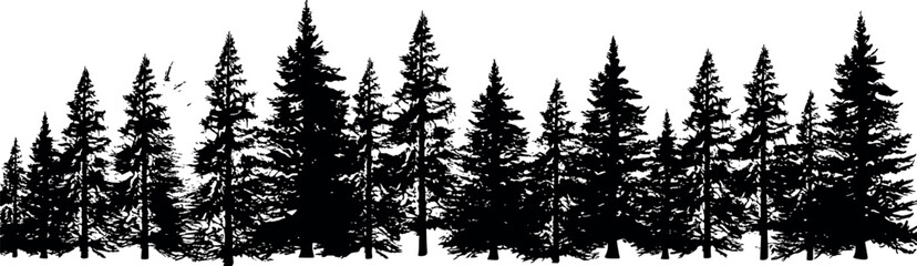 Obraz premium A set of horizontal silhouettes featuring coniferous spruce trees against a transparent background. Perfect for a scenic fir tree landscape. Generative AI 