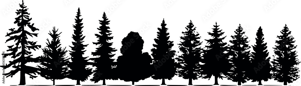 Poster set of horizontal silhouettes of coniferous fir trees on a transparent background. perfect for addin