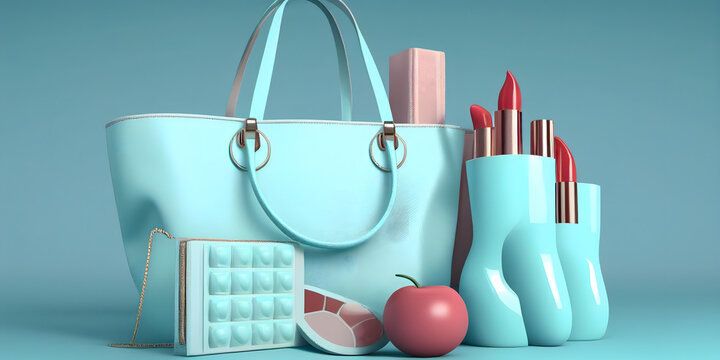 Fashion accessories bag, high heels, lipstick in bag shopping on pastel blue background. 3d rendering. Generative Ai.