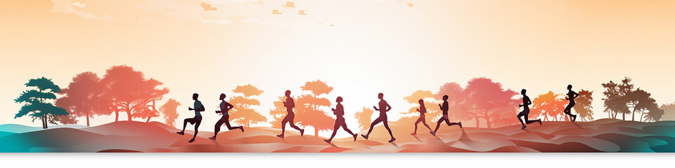 marathon, runners running in nature drawing flat graphics background minimalism