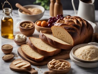 Delicious homemade sourdough bread with ingredients on wooden serving table