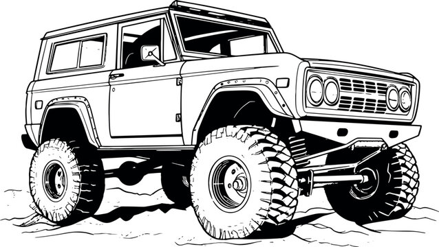 Black and white vector style hand-drawn off-road car on a transparent background. Generative AI 