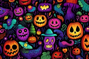 Fotobehang Halloween skulls, pumpkin and other halloween objects seamless pattern with vibrant colors © Studio_art