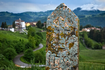 Stele cross near the village of Pagani. Campofontana, Selva di Progno, Lessinia, Veneto, Italy. - obrazy, fototapety, plakaty