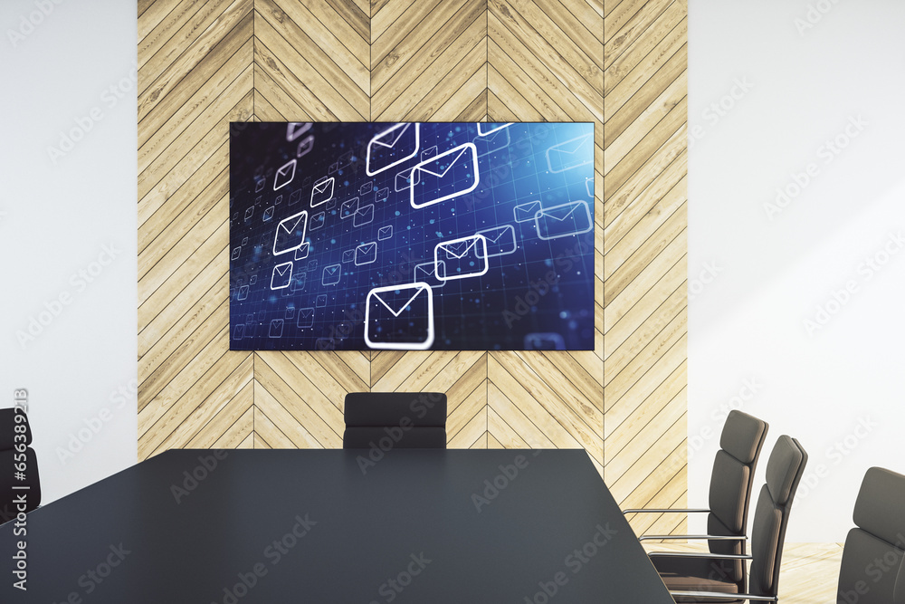 Poster Creative abstract postal envelopes hologram on tv display in a modern presentation room, email and notification concept. 3D Rendering