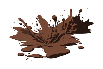 Brown puddle of dirty water or mud with splashes and drops. Vector isolated on white. Splash of liquid chocolate. Muddy puddle on the ground. Dirty plash. Grunge. Design element. Cartoon