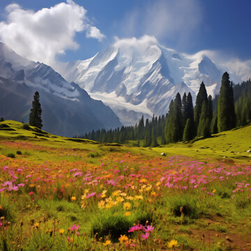 Fairy Meadows, a lush meadow at the base of Nanga Parbat - Landscape Wallpaper - Generated by AI