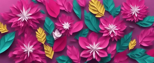 Foto auf Acrylglas Paper cut flowers banner.  Decorative elements for holiday design. Generative AI. © F@natka