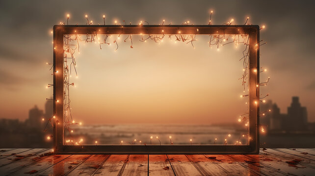 arch glowing autumn rectangular frame with light bulbs and garlands entrance, invitation frame in misty autumn mood halloween
