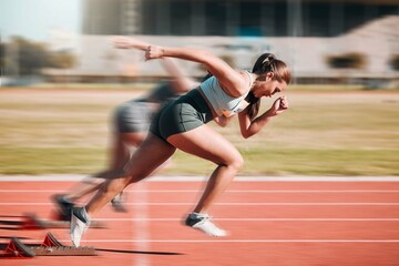 Action, speed and women athlete running sprint in competition for fitness game and training for energy wellness on a track. Sports, stadium and athletic people or runner exercise, speed and workout - obrazy, fototapety, plakaty