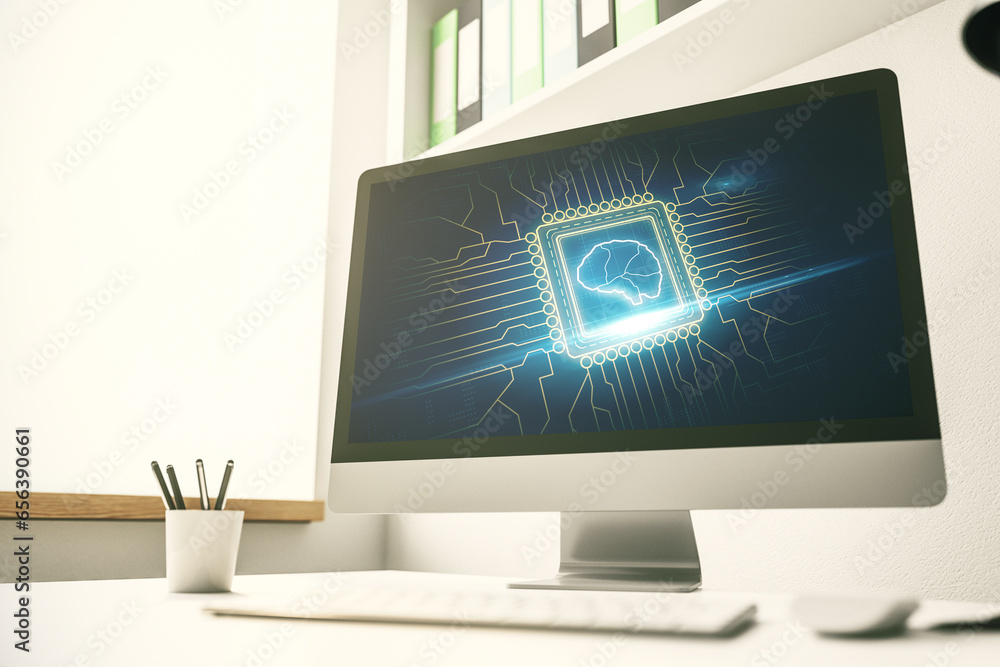 Aufkleber creative artificial intelligence concept with human brain sketch on modern laptop monitor. 3d render