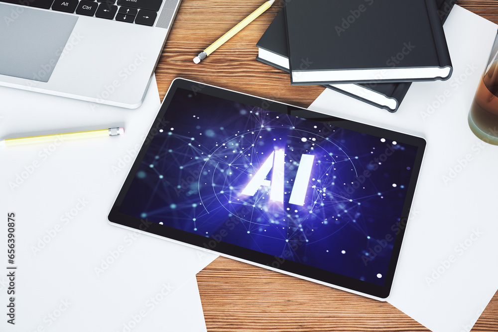 Aufkleber Creative artificial Intelligence symbol concept on modern digital tablet screen. Top view. 3D Rendering