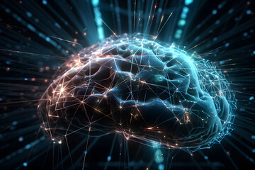 Naklejka na ściany i meble 3d rendering of human brain in digital space with cyberspace, artificial intelligence, Nano technology innovation. Futuristic tech development, Computer science. Smart mind. Database. IT business