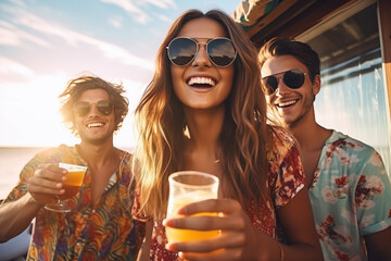 Young people celebrating summertime party holding vine glasses outside. Happy friends have fun on the beach. Summer vacations, lifestyle beverage concept. - obrazy, fototapety, plakaty