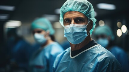 Portrait of an experienced surgeon in a medical mask in a hospital operating room.