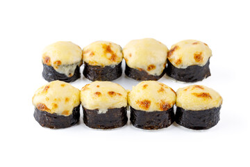 warm Tamago Roll with Tamago Omelet, avocado, cream cheese, parmesan, mozzarella, mayonnaise, unagi sauce on a white background 1