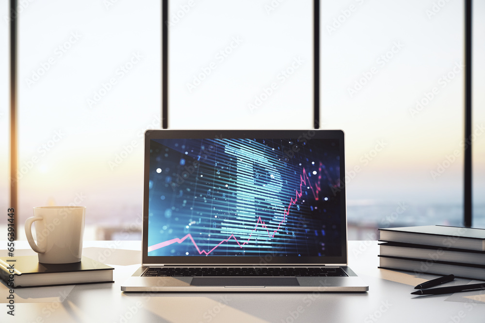 Poster Modern computer display with creative Bitcoin symbol hologram. Mining and blockchain concept. 3D Rendering