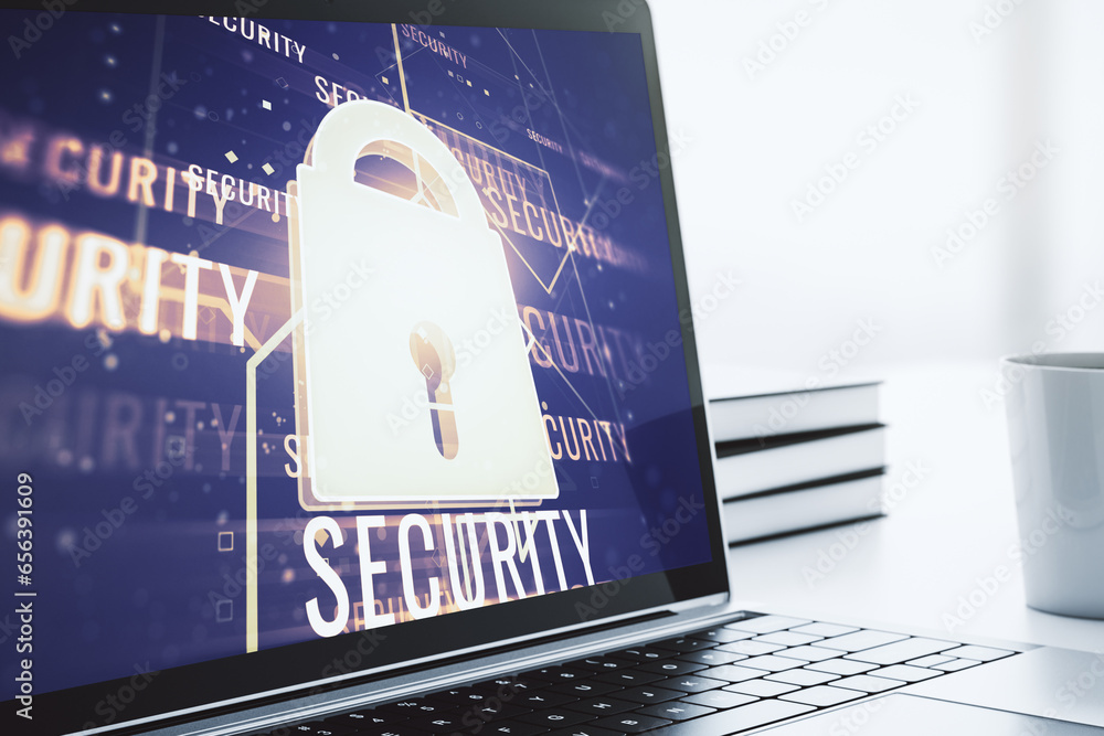 Poster Computer monitor with creative light lock illustration and microcircuit, cyber security concept. 3D Rendering