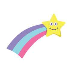Star with a rainbow tail cartoon illustration. Childish rainbow isolated on white background. Weather, sky, patch concept Colorful shooting star icon vector