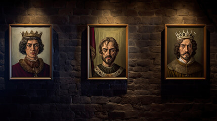 frames on wall with paintings of royalty