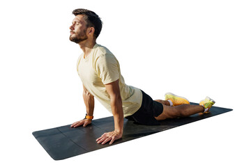 Yoga man uses mat exercise asana body stretching. Athlete active training in sportswear. Man...