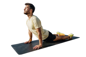 Yoga man uses mat exercise asana body stretching. Athlete active training in sportswear. Man warm-up for fitness. Transparent isolated background.
