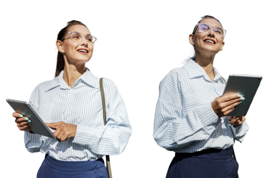 The manager is a specialist in a bank with glasses a smart cheerful woman uses a tablet an employee of the company modern business clothes. Transparent isolated background.