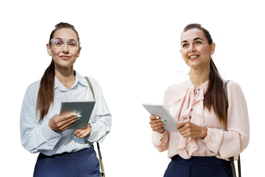 Entrepreneur specialist in a bank with glasses smart cheerful woman uses a tablet company employee modern business clothes. Transparent isolated background.