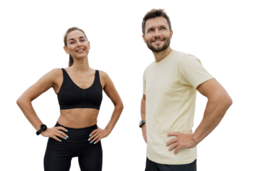 Woman and man sports people interval training, coach and client exercise fitness. Transparent isolated background.