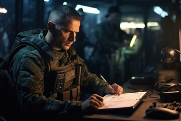 Soldier in uniform analyze data on a tablet and work out tactics at a temporary base. Programming control with artificial intelligence, online coordination of the military team - obrazy, fototapety, plakaty