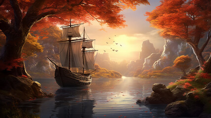 an ancient large sailing ship in the landscape of the red autumn forest.
