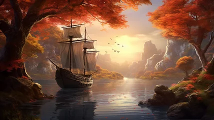 Fotobehang an ancient large sailing ship in the landscape of the red autumn forest. © kichigin19