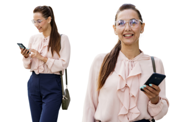 A specialist in glasses is a smart cheerful woman using the phone of an employee of the company modern business clothes. Transparent isolated background.