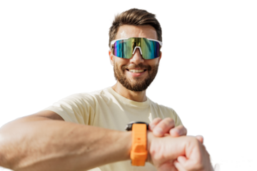 A sporty man uses a fitness watch and sports glasses for running.  Transparent isolated background.