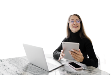 The manager is a young woman using a laptop workplace in an office employee modern business clothes. Transparent isolated background.