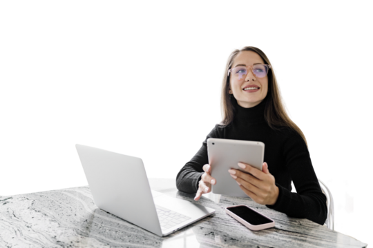 The manager is a young woman using a laptop workplace in an office employee modern business clothes. Transparent isolated background.