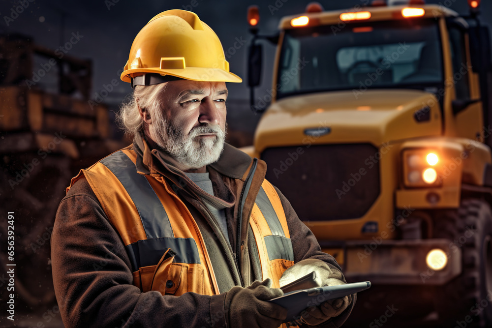 Poster senior man engineer in hardhat is using tablet computer in construction site background bulldozer. d