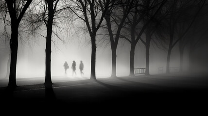 black and white silhouettes and shadows of people in the morning urban fog.