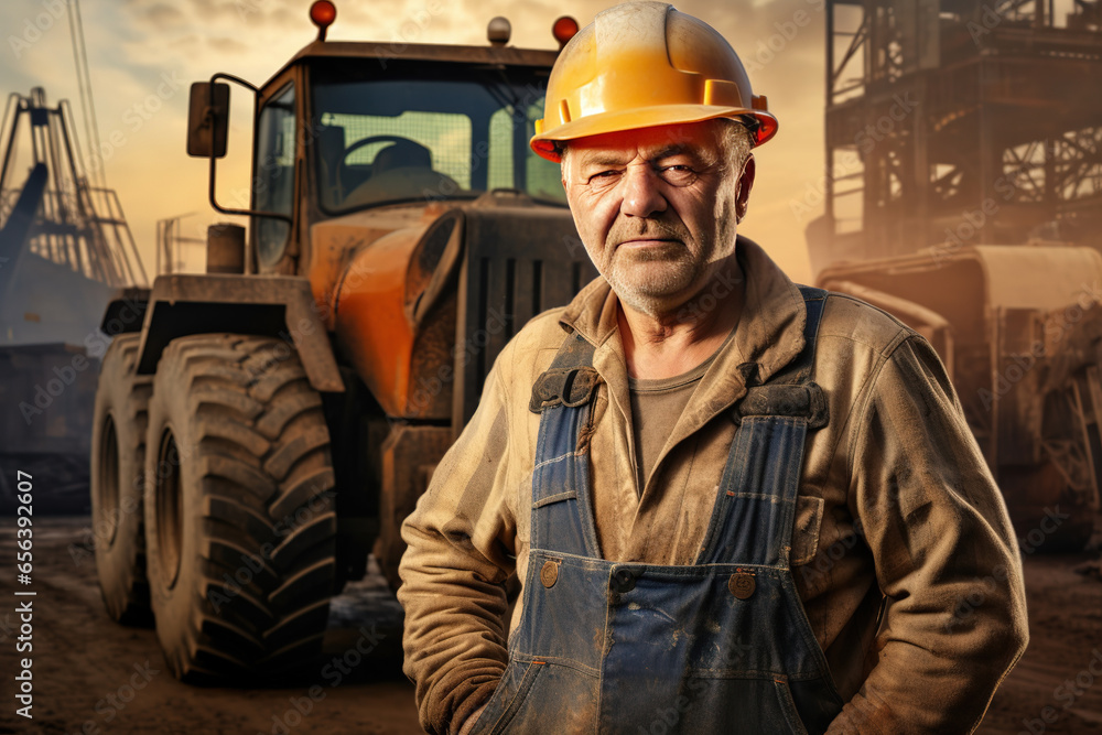 Poster senior man engineer in hardhat is using tablet computer in construction site background bulldozer. d