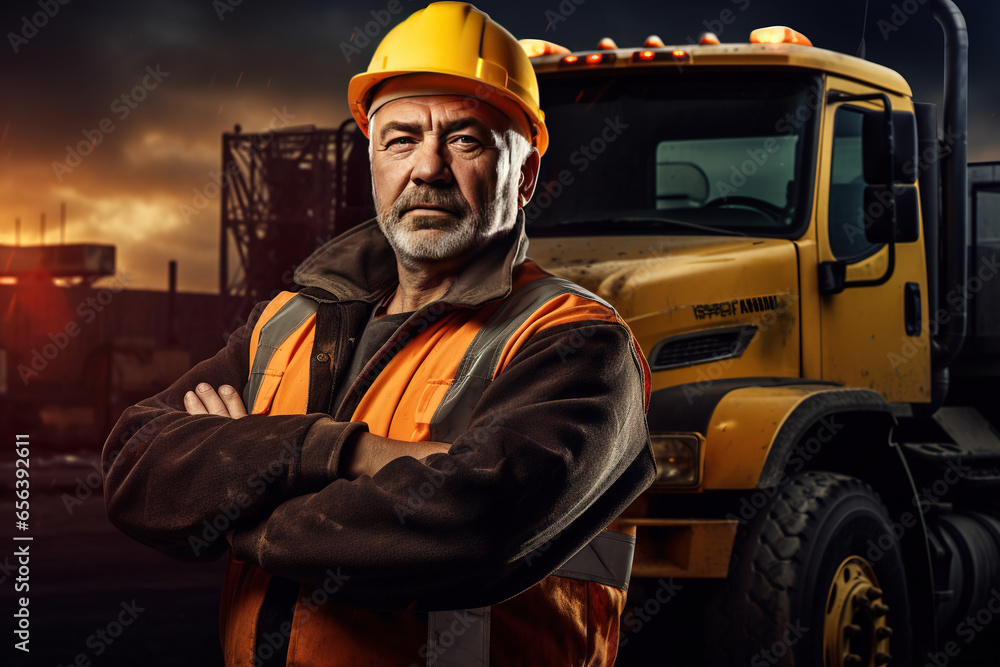 Poster senior man engineer in hardhat is using tablet computer in construction site background bulldozer. d