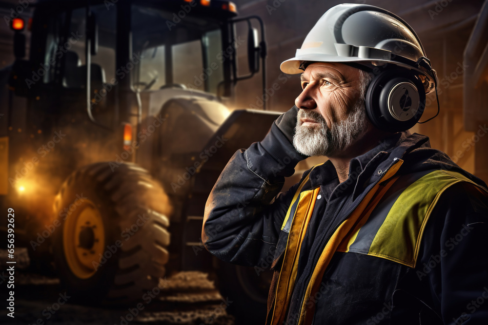 Poster senior man engineer in hardhat is using tablet computer in construction site background bulldozer. d