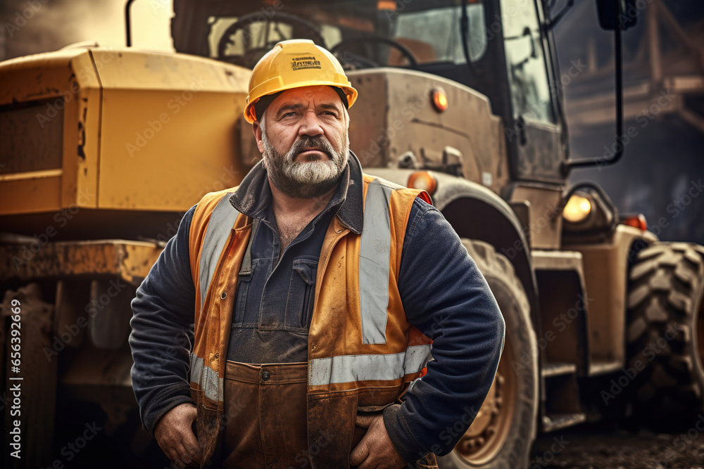 Poster senior man engineer in hardhat is using tablet computer in construction site background bulldozer. d