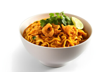 Bowl of tasty khao soi Thai soup with noodles and vegetables on white background, food photography, Clip art