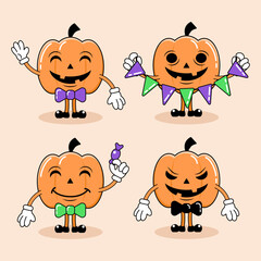 Set of four cute cartoon pumpkin lanterns, Jack O Lantern characters for Halloween holiday decorations, stickers, emoticons. Vector illustration.